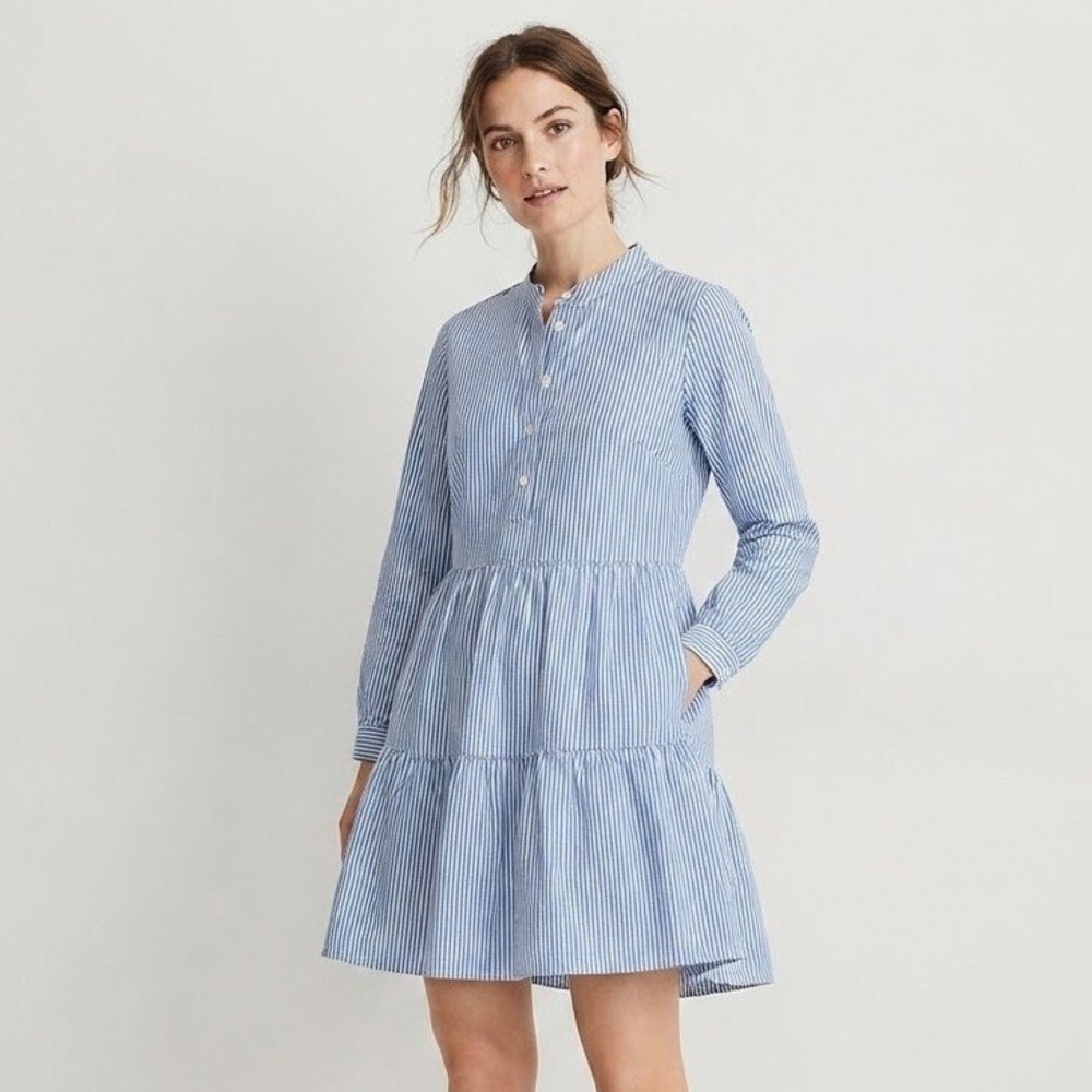 J.Crew Tiered Mini Shirt Dress Womens XXS Blue Striped Long Sleeve Poplin Preppy